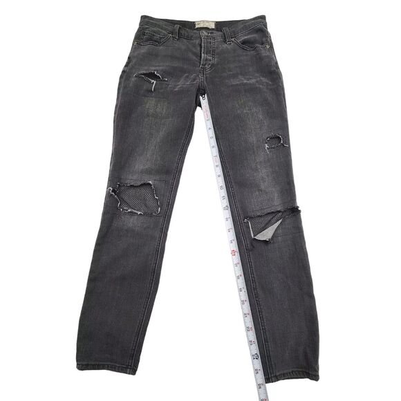 Free People Fishnet Patch Jeans Button Fly Faded Black Distressed Womens Sz 26 - Picture 6 of 9